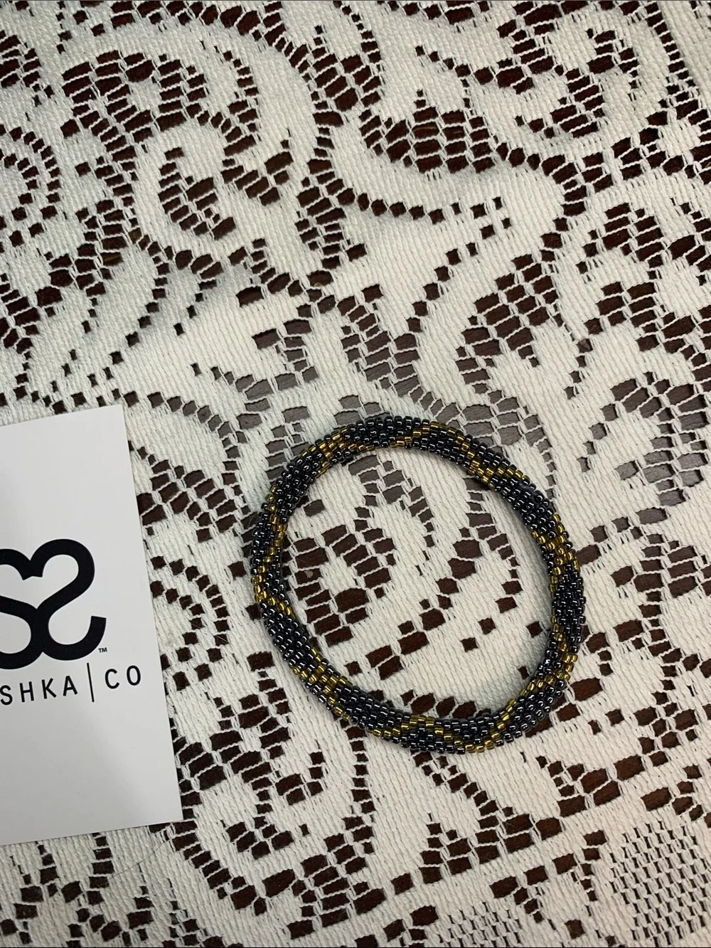 Gunmetal Grey/Gold Artisan Hand Beaded Bracelet set of 2